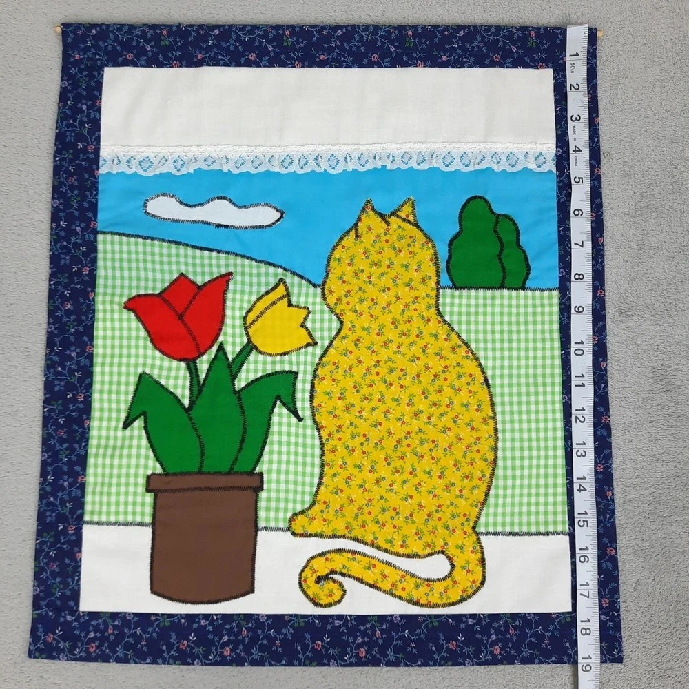 Handmade Applique Wall Hanging Cat Tulips Spring Floral Cottagecore Grandma VTG